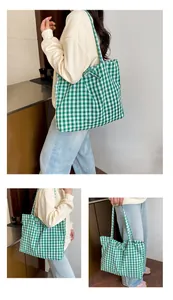 Detailed views of a green and white checkered tote bag with a decorative ribbon bow