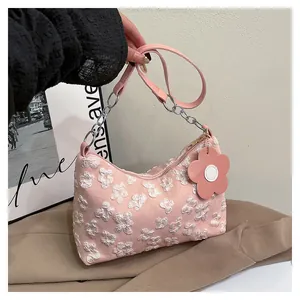 Detail of pink canvas tote featuring 3D floral embroidery and leather chain strap