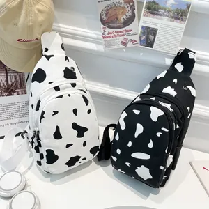 Fashion Cow Print Canvas Chest Bag For Women Teenagers Street Style Adjustable Strap Crossbody Bag Small Shoulder Bag Phone Pouch
