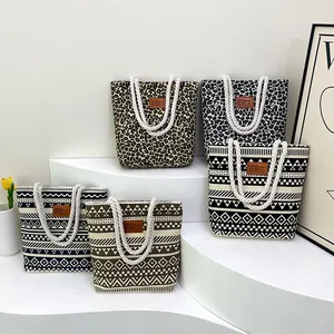 Damen Mode Segeltuch Tragetasche Geometrische Leopardenmuster Große Kapazität Umhängetasche Lässige Handtasche Baumwollseil Griff Schultasche