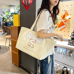 Cute panda canvas tote bag with striped straps, high capacity shoulder bag for students