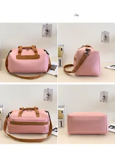 Vue sous quatre angles du sac de sport rose avec sangles brunes et poches latérales