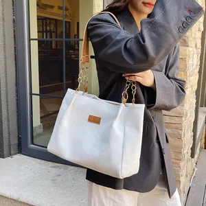 Casual white corduroy tote bag with brown leather straps and large capacity for women