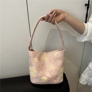 Pink Chinese style bucket bag with floral embroidery and large capacity tote handle