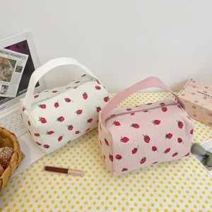 Cute Corduroy Makeup Bag With Strawberry Cow Flower Print Large Capacity Cosmetic Bag Portable Travel Toiletry Bag Pencil Case For Women Girls