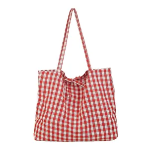 Red and white checkered canvas tote bag with bow tie decoration and large capacity