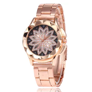 Elegante Damen Roségold Legierung Quarzuhr Strass Sternenhimmel Blumen Zifferblatt Lässig Metallgliederarmband Mode Armbanduhr