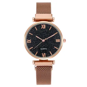 Women Fashion Starry Sky Dial Quartz Watch With Magnetic Milanese Stainless Steel Mesh Strap Roman Numeral Analog Wristwatch