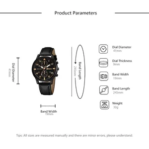Detailed specs of Geneva black quartz watch featuring 41mm dial and leather strap