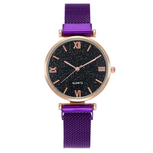 Women's quartz watch featuring purple starry sky dial and rose gold magnetic mesh strap