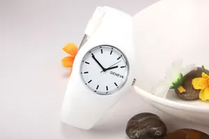 Close-up of Geneva white silicone quartz watch dial with black index markers