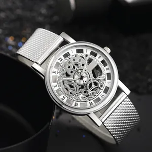 Montre à Quartz Squelette pour Homme Chiffres Romains Style Industriel Bracelet en Maille Business Décontracté Montre-Bracelet Or Argent Noir