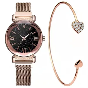 Mode Damen Sternenhimmel Quarzuhr Mit Römischen Zahlen Magnetisches Milanaise Armband Armband Set Elegante Roségold Schmuck Armbanduhr