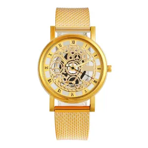 Montre squelette pour homme avec bracelet en maille dorée et chiffres romains