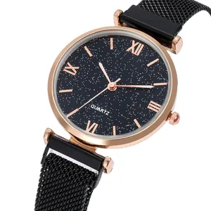 Rose gold starry sky watch with Roman numerals and black Milanese magnetic band
