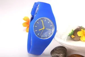 Detailed view of royal blue silicone Geneva watch with gold markers and floral decor