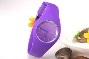 Detailed close-up of a purple Geneva silicone quartz watch on a decorative plate