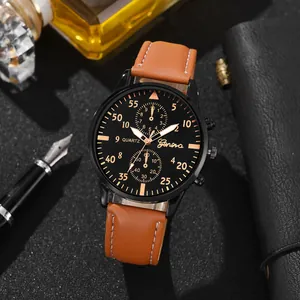 Men's business quartz watch with brown leather strap and black dial in lifestyle setting