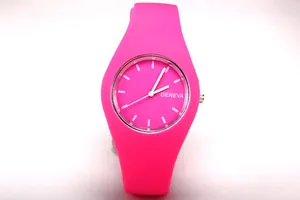 Front view of hot pink Geneva silicone watch with matching dial and white indices
