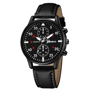 Detail of Geneva quartz watch featuring black leather strap with white contrast stitching