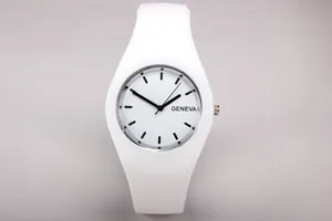 Detailed top view of a white Geneva quartz watch with soft silicone strap and minimalist dial