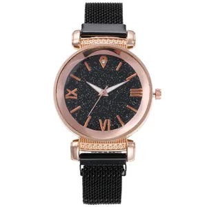 Women's rose gold watch with black starry dial and Milanese mesh band set