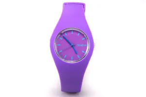 Close-up of Geneva purple silicone watch featuring blue markers and a minimalist dial