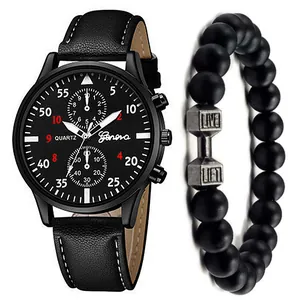 Detail of Geneva black quartz watch with leather strap and beaded dumbbell bracelet