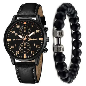 Detail of Geneva black leather watch and matte beaded dumbbell bracelet set for men