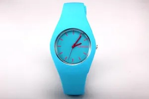 Close-up of sky blue Geneva quartz watch with red hands and soft silicone strap