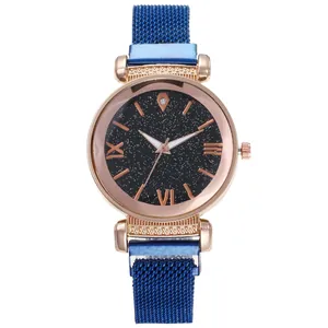 Women's rose gold starry sky dial watch with blue magnetic mesh bracelet band