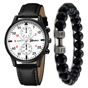 Close-up of Geneva men's watch with leather strap and dumbbell beaded bracelet set