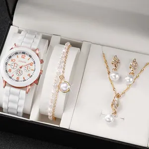 Mode Damen Quarzuhr Halskette Ohrringe Armband Set Silikonarmband Legierung Gehäuse Künstliche Perle Strass Schmuck Für Tägliches Geschenk