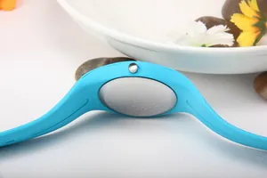 Detailed back view of a sky blue silicone watch with silver metal case back and crown