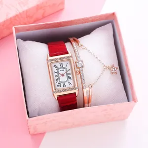 Women Fashion Rectangular Quartz Watch Rose Gold Case Rhinestone Roman Numerals Faux Leather Strap And Star Charm Bracelet Gift