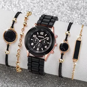 Schwarzes Quarzuhren-Set mit Roségoldgehäuse, Silikonarmband und vier passenden Armbändern