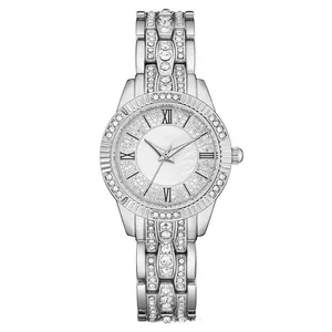 Elegant silver quartz watch for women with mother-of-pearl dial and crystal-encrusted band