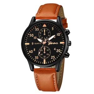 Detail of Geneva quartz watch with black dial and brown lychee grain leather strap