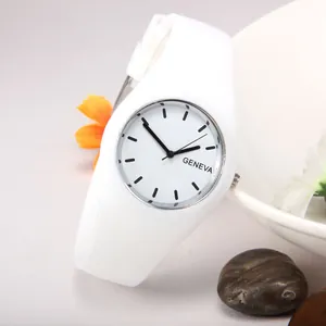 Minimalist white Geneva silicone quartz watch for couples on textured background