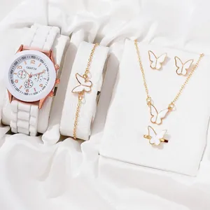 Exquisites Geschenkset mit weißem Schmetterlingsschmuck und einer Quarzuhr mit Silikonband