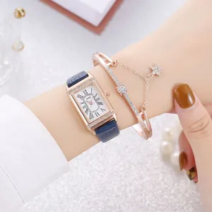 Detail of square rose gold watch with rhinestone bezel and star charm bracelet set
