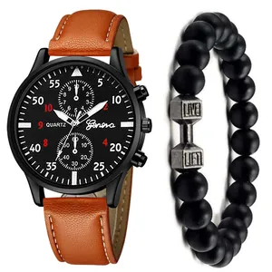 Classic men's Geneva watch set with brown leather strap and dumbbell beaded bracelet