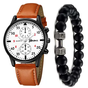 Men's quartz watch with brown leather strap and dumbbell beaded bracelet set details
