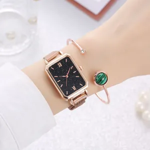Elegant rose gold square watch with star dial and matching bracelet on female wrist