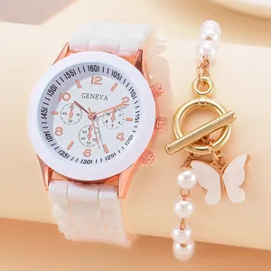 Damen Quarzuhr mit weißem Silikonarmband und Perlenarmband im eleganten Schmuckset