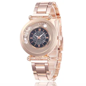 Damen Mode Quarzuhr Roségold Legierung Römische Zahlen Strass Sternenhimmel Zifferblatt Gleitende Diamanten Elegante Damen Armbanduhr