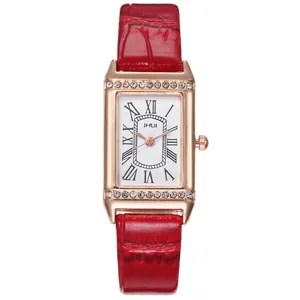 Elegant women's square rose gold watch with rhinestones and a red leather strap