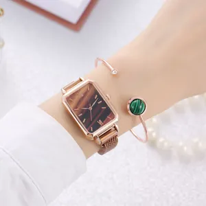 Rose gold square watch with malachite dial and matching green gemstone bracelet