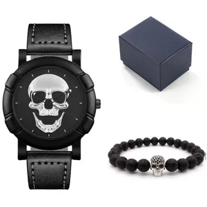 Men's hip hop watch set with skull dial, black leather strap, and beaded bracelet