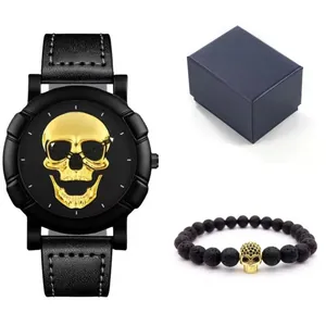 Men Punk Gothic Skull Quartz Watch And Lava Stone Beaded Bracelet Gift For Men Faux Leather Strap Big Dial Hip Hop Jewelry Accessory